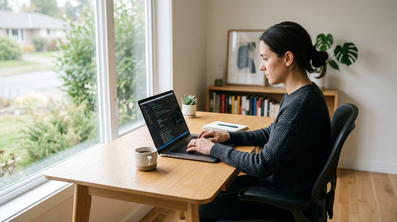 Developer configuring a free VPS on a laptop in a modern workspace